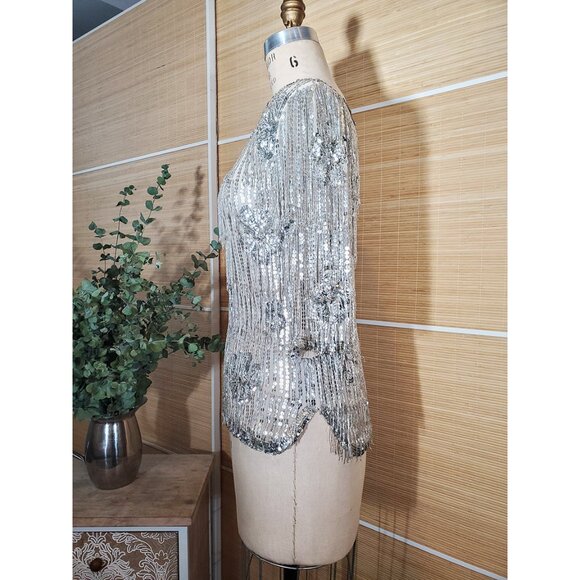 Rare Vintage Silver Glass-Beaded Fringe Silk Tee size XS / S - Picture 5 of 17